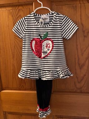 Rare Editions Black & White Striped Tee and Leggings Set with Red Sequin Apple